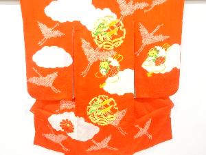 リサイクル　絞り雪輪に群鶴・草花模様刺繍子供着物(内袖・長襦袢付き)